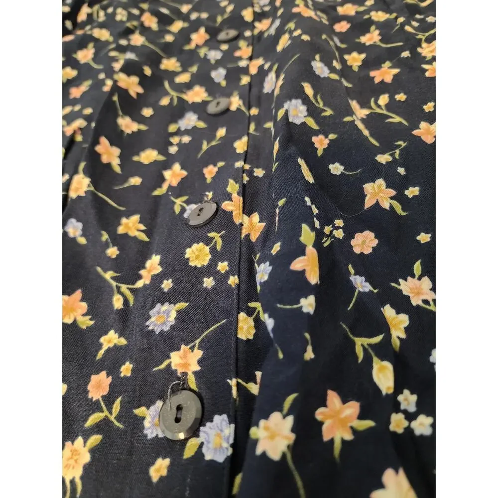 Vintage Sag Harbor Petite Large Floral Skirt Button Front Navy Midi Cottagecore